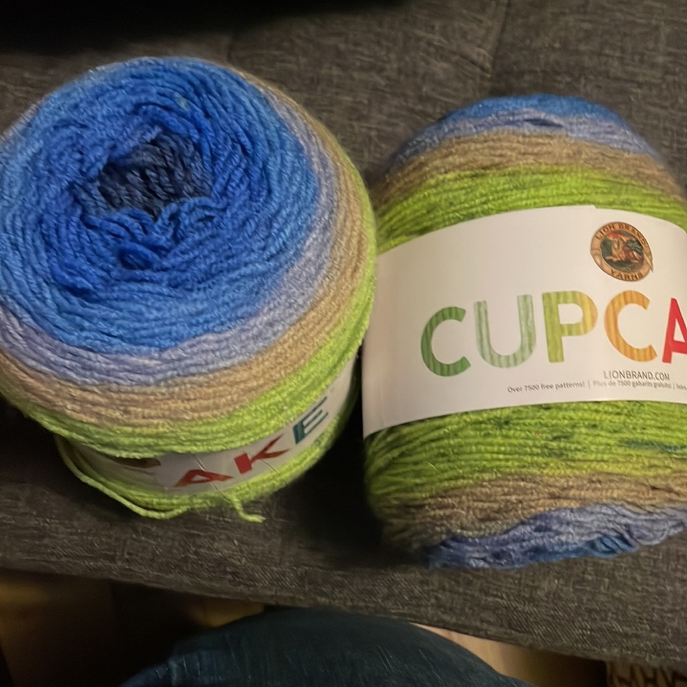 Lion Brand Cupcake Moody Blue yarn. Blues/green. 1180 yards